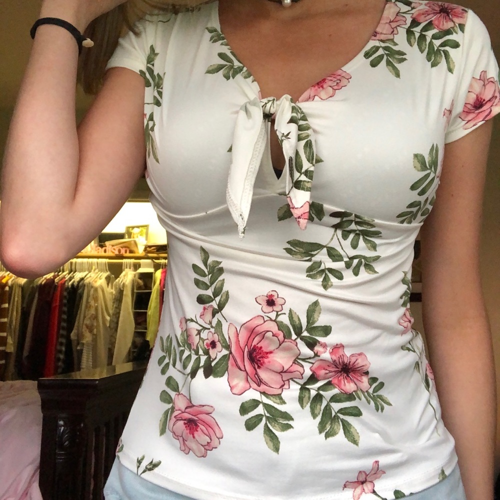 Pink and white floral shirt